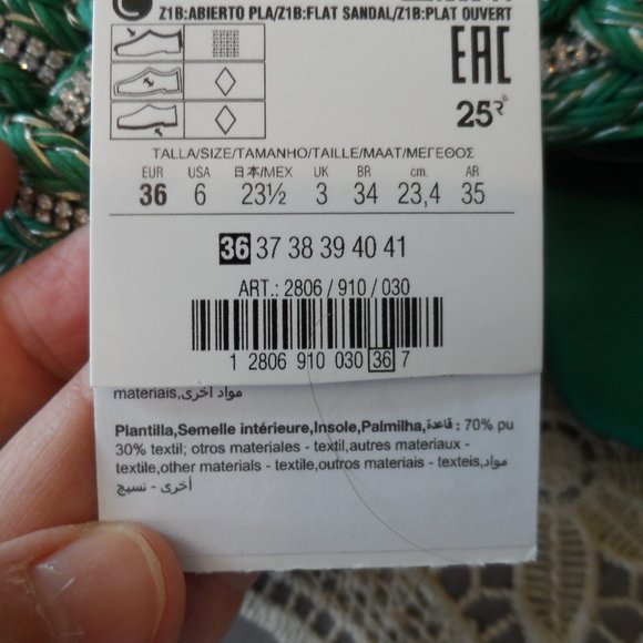 New Zara Green Woven Rhinestone Slip On Sandals Size 6M - Picture 6 of 14